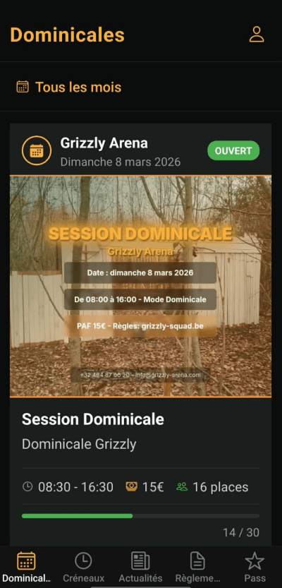 Aperçu de l'application mobile Grizzly Arena